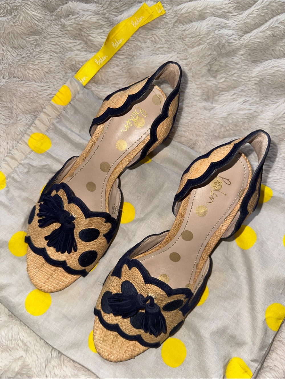 Boden Natural Raffia Slingback Heels with Navy Tassels